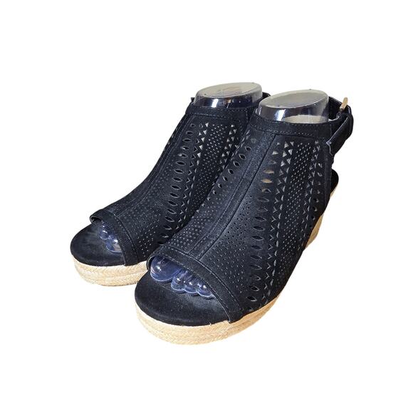 Liz Claiborne Sandals Womens 8 M Hardie Wedge Heels Espadrille Black Cut Out - Picture 2 of 8